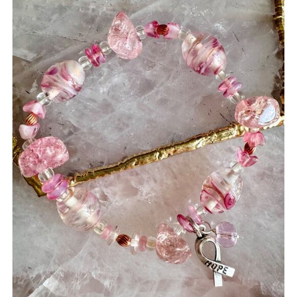 New Handmade Pink Beaded Breast Cancer Awareness Bracelet w/ Hope Charm - 7.5” - Picture 6 of 8